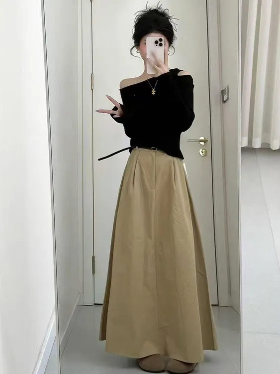 欧货秋季黑色露肩T恤+显瘦中长款半身裙女高腰百搭休闲A字裙伞裙