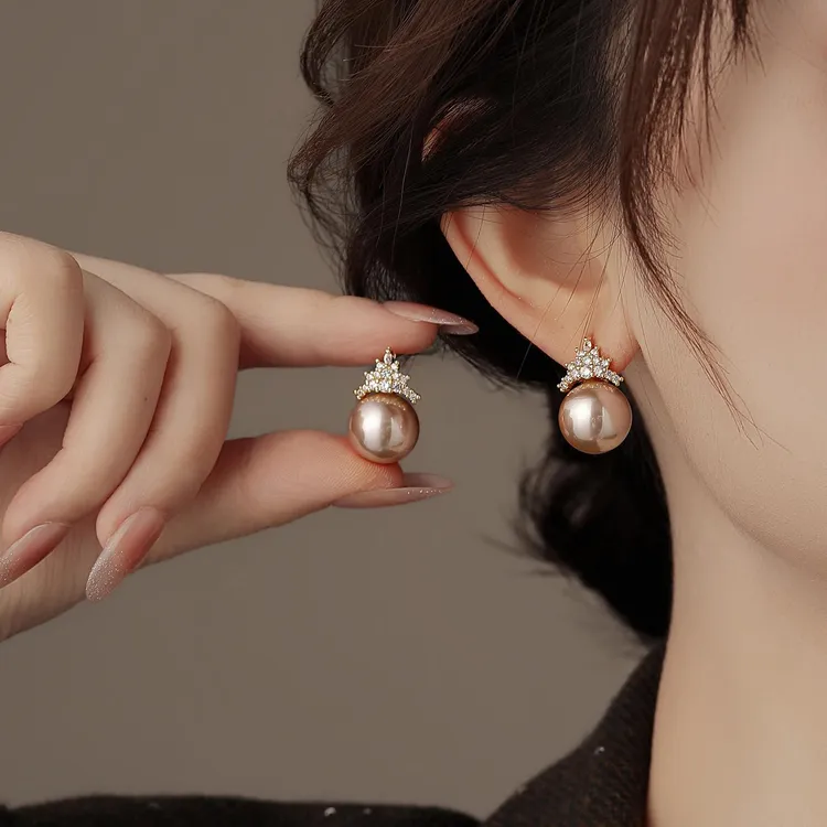 CAIEM KAIET 925银耳饰 金色锆石皇冠香槟色珍珠耳环女高级感耳饰