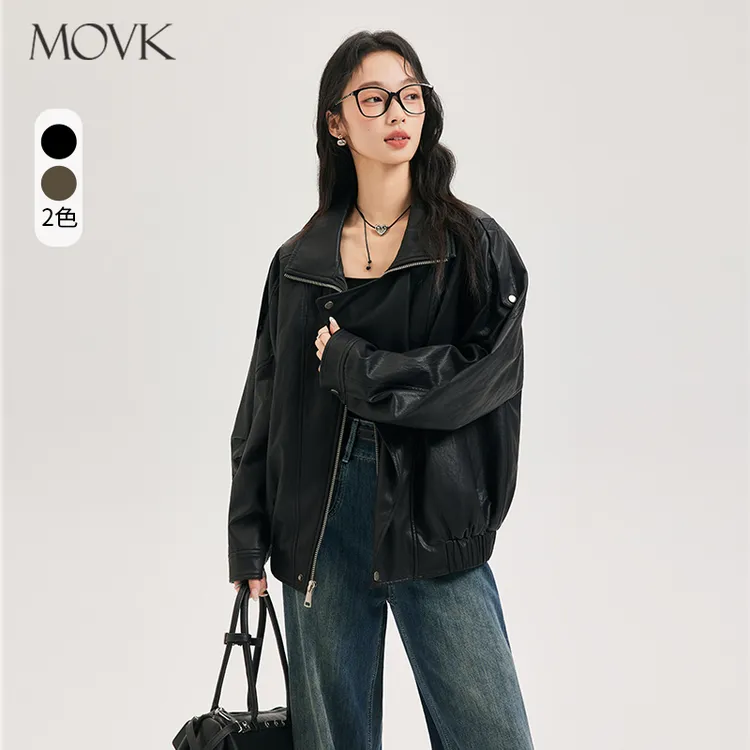 movk黑色机车PU皮衣外套女秋季美式街头复古设计感宽松潮流夹克