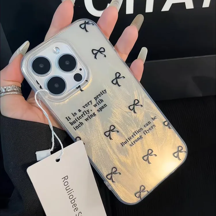 羽纱黑蝴蝶结适用于15promax手机壳14创意13简约12个性14轻奢