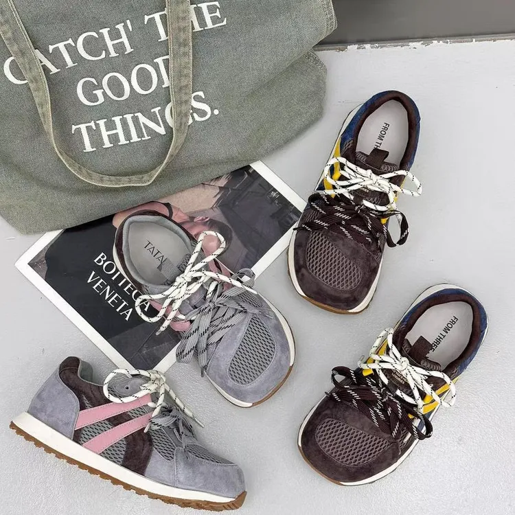 真皮阿甘鞋女2025秋季网面新款厚底舒适防滑圆头拼色休闲运动鞋潮