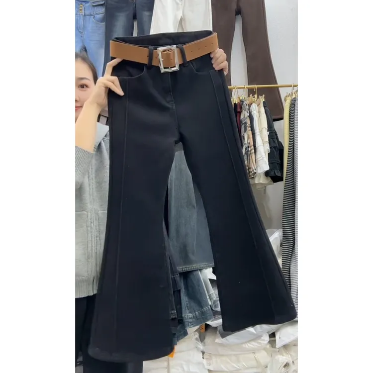 2025秋冬新款加绒简约百搭微喇牛仔裤女高腰修身显瘦拖地休闲长裤