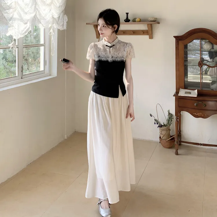 新中式国风套装裙女2025夏新款优雅气质蕾丝拼接上衣半身裙两件套