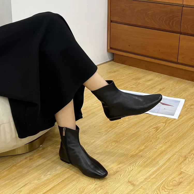 羊皮方头女靴中缝设计极简风侧拉链短靴秋冬单靴软底靴子XC2683-1