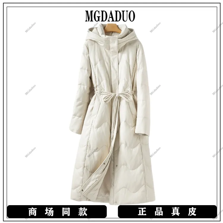 海宁真皮皮衣 2025新款长款收腰连帽白鸭绒加厚绵羊皮女外套-8508