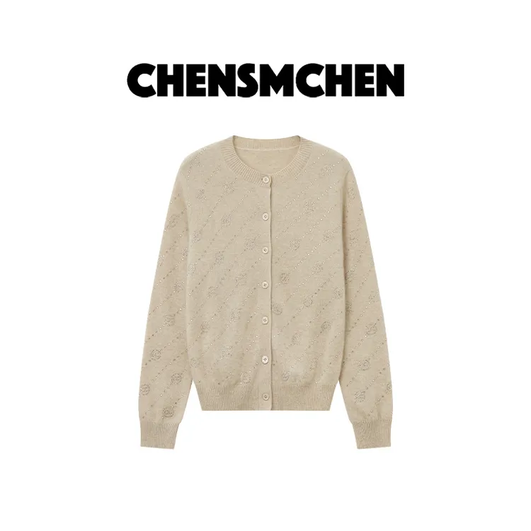 CHENSMCHEN100山羊绒烫钻针织衫女时尚休闲百搭开衫上衣CSR8162WL