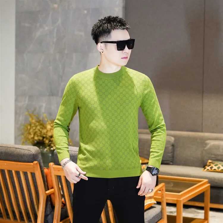男士高级感绿色丝线提花长袖圆领针织打底衫修身毛衣上衣GL25973