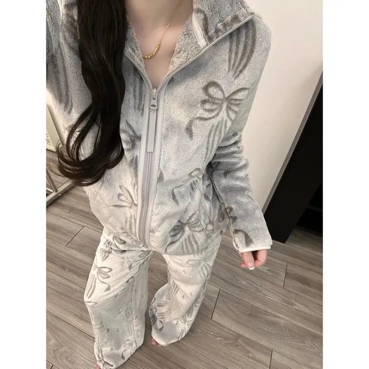 法式星空灰蝴蝶结法兰绒睡衣女冬季新款加厚加绒套装家居服可外穿