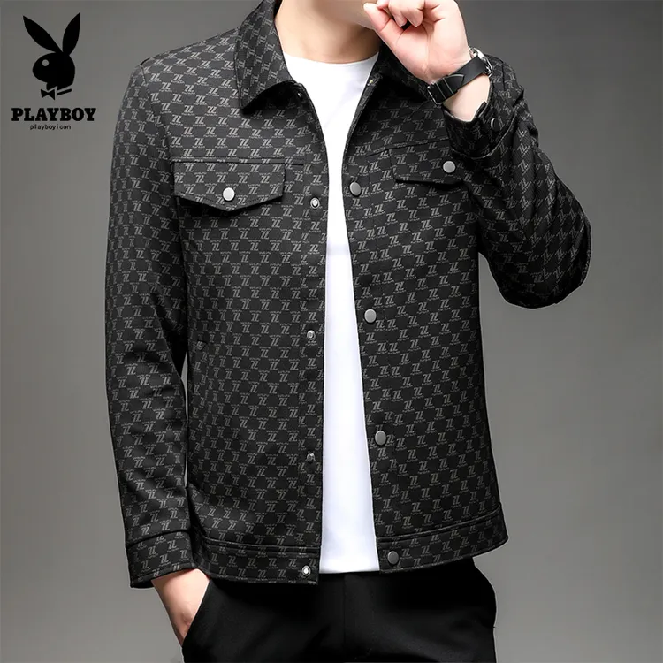 花花公子小清新男翻领夹克男装百搭时尚潮流帅气轻奢修身春秋季