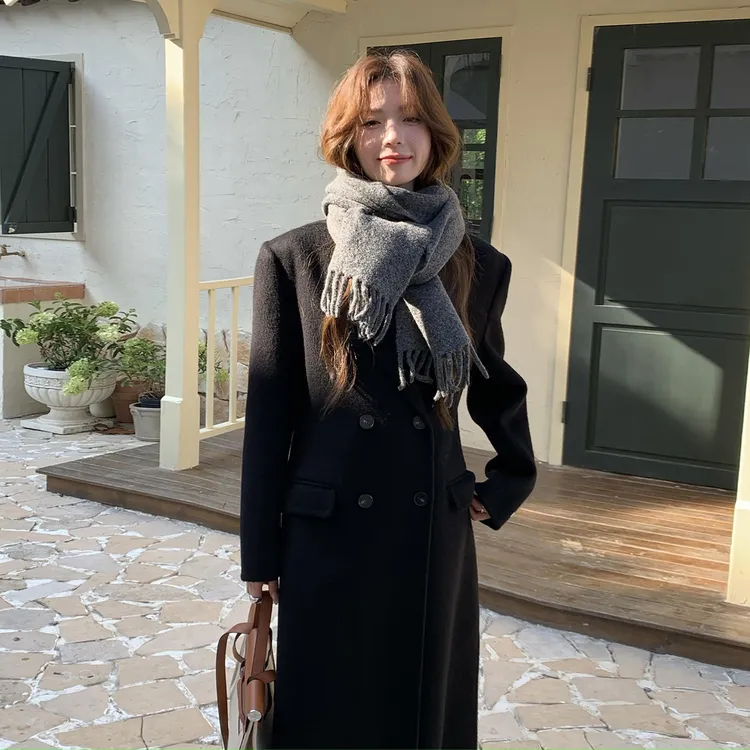 黑色中长款呢子大衣女冬季高级感2025新款小个子加厚西装毛呢外套