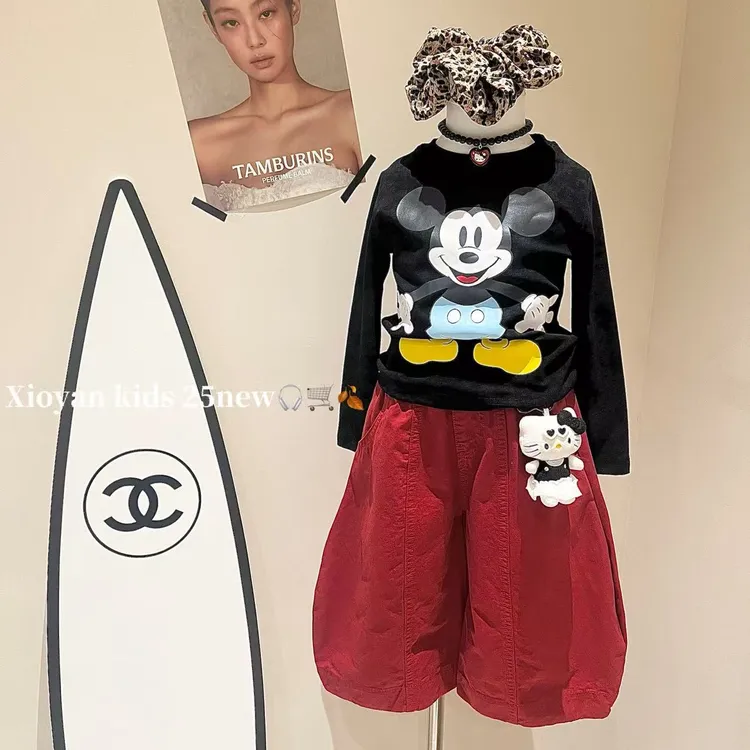 小言-2025秋季新款韩版女童幼儿园休闲卡通扎染印花T恤萝卜裤套装