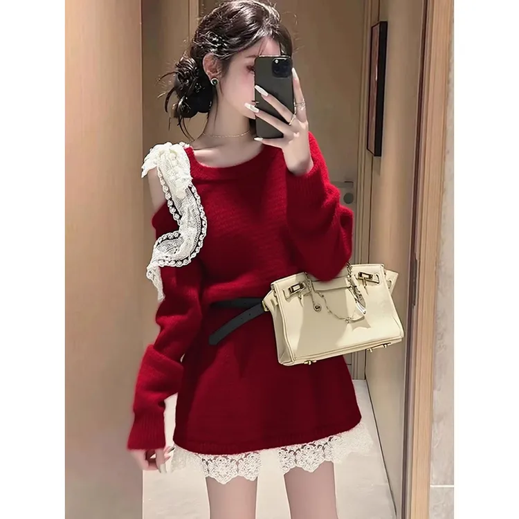 法式红色针织蕾丝边连衣裙子女2025新款秋冬小个子氛围感毛衣短裙