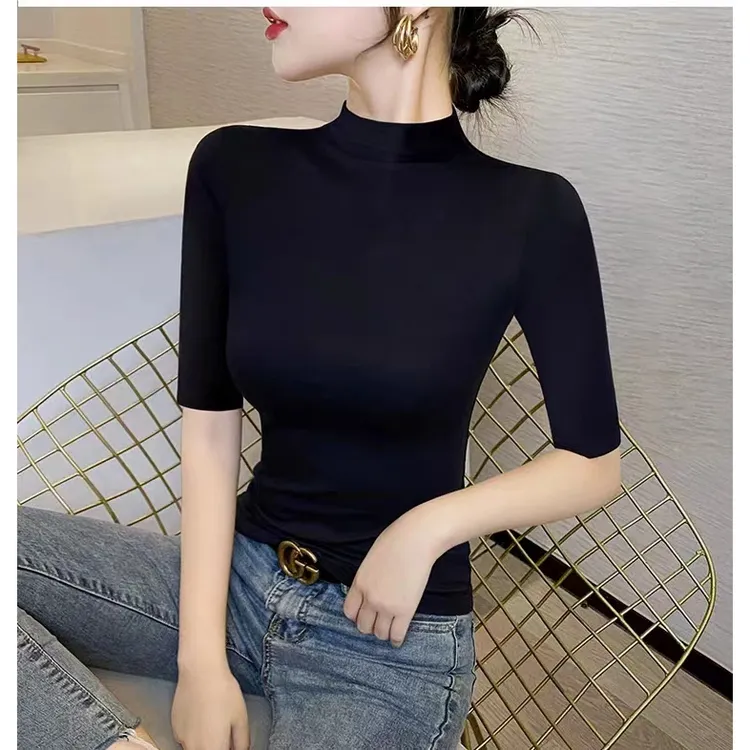 莫代尔春秋中袖半高领打底衫女2023新款大码内搭修身五分袖上衣潮