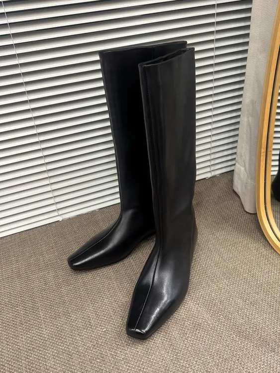 【小牛皮长筒靴跟高3cm】轻奢小众设计简约百搭小方头宽筒围骑士靴