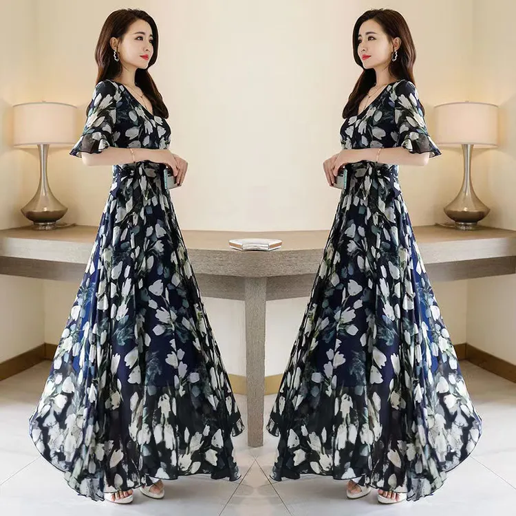 妈妈装连衣裙 韩版时尚修身雪纺女2025春夏新款大码V领印花长裙子