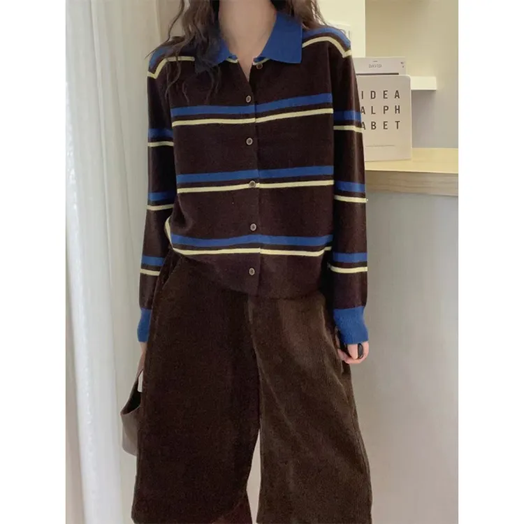 大码慵懒风条纹撞色翻领毛衣外套女秋冬新款胖MM宽松百搭针织开衫