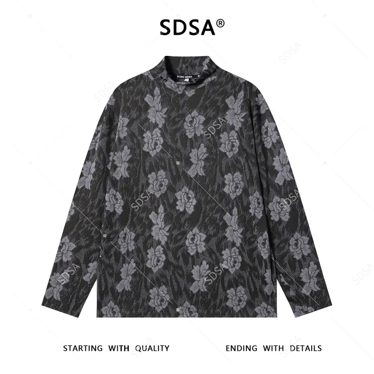 SDSA秋冬新款痞帅男装简约撞色满印花朵半高领长袖T恤百搭复古