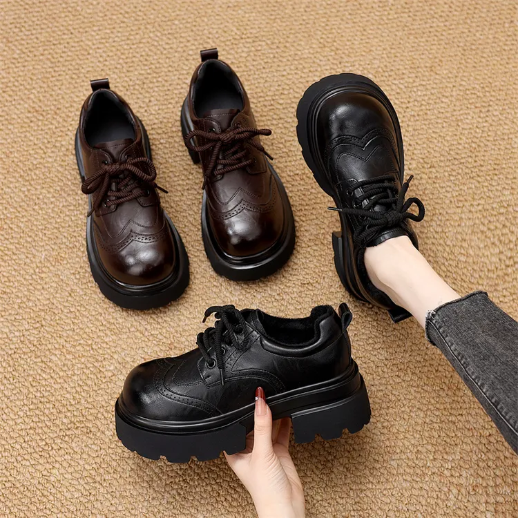 复古厚底小皮鞋女2025秋冬新款英伦风系带加绒显瘦软底圆头乐福鞋