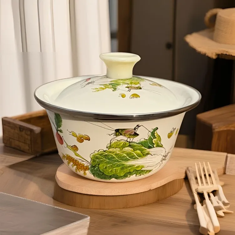 【14厘米白菜图案】猪油罐家用猪油罐老式搪瓷盆子家用瓷盆带盖