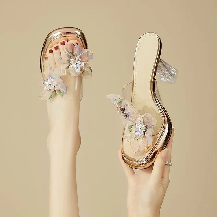 水钻高跟鞋拖鞋女外穿夏季2025年新款绝美粗跟凉鞋水晶透明凉拖鞋