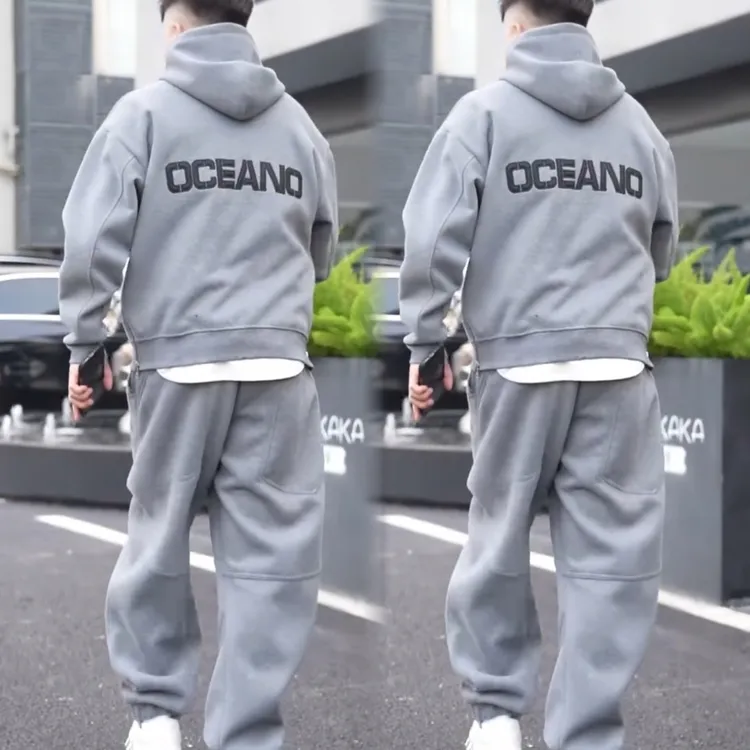 连帽套头字母刺绣运动套装宽松男女同款加绒加厚保暖休闲两件套潮