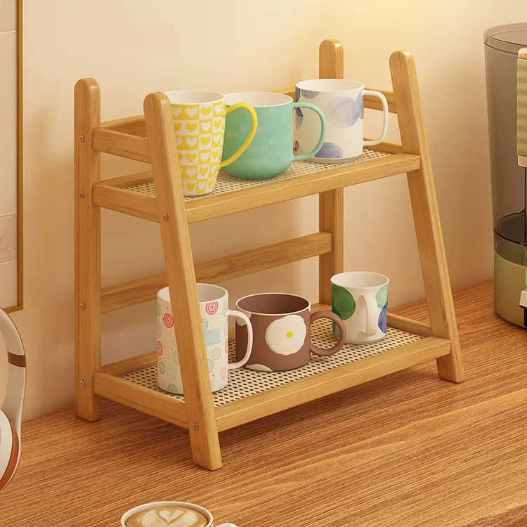  ins藤编置物架奶油色中古风双层桌面宿舍卧室办公厨房杯架整理架