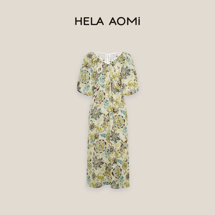 HELA AOMI“神秘庄园”莱赛尔桑蚕丝复古印花中长连衣裙CY5BB72649