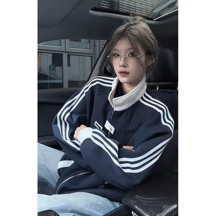 藏青色条纹拼接开衫卫衣外套男女秋季条纹运动立领夹克美式棒球服
