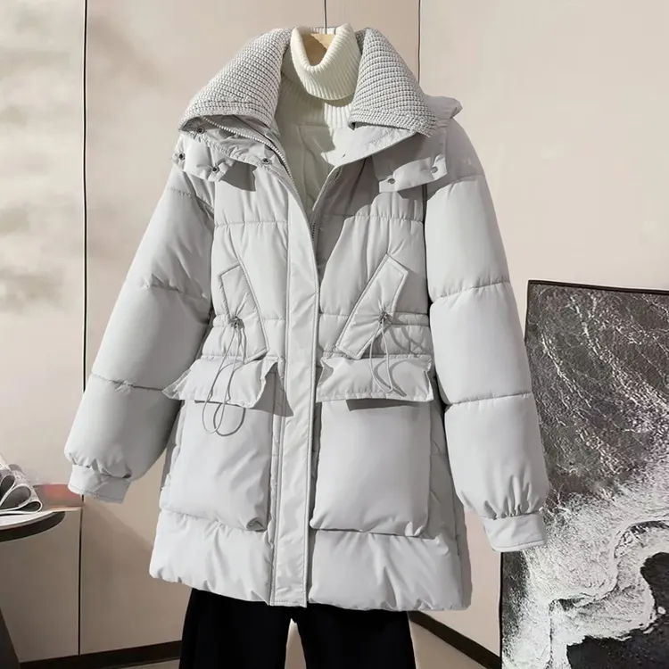 2025新款棉服女大码宽松中长款针织领连帽棉衣收腰外套女士