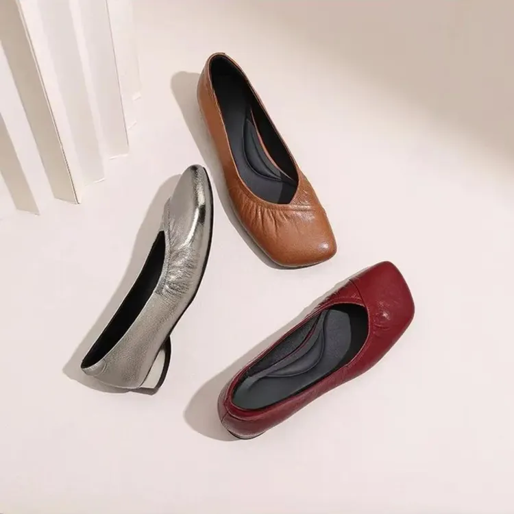 【有运费险】2025春秀新款褶皱松紧斜方头真皮低跟女士浅口单鞋