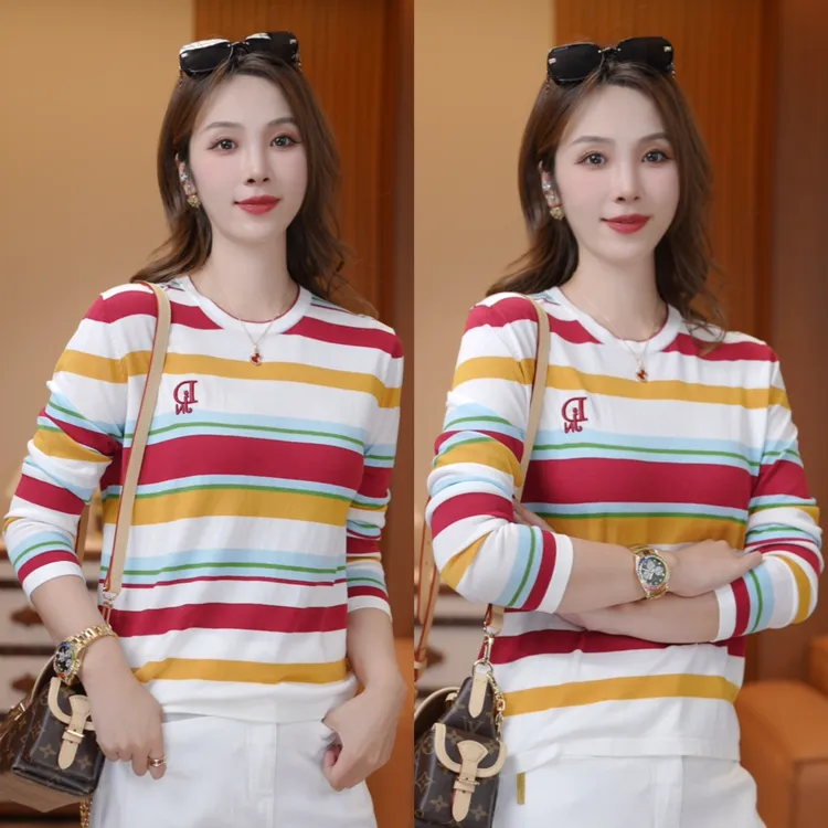 【彩织诗行】桑蚕丝+莱赛尔撞色刺绣条纹针织小衫XY25463