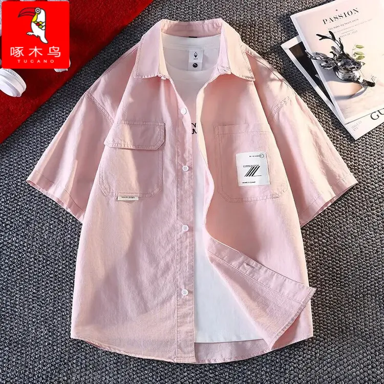 啄木鸟夏季日系短袖衬衫男宽松时尚休闲半袖衬衣潮流百搭口袋设计