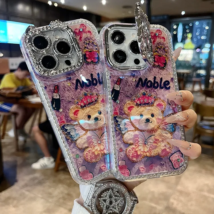 适用苹果系列iPhone16手机壳油画皇冠小熊猫咪一体支架钻框镜头膜