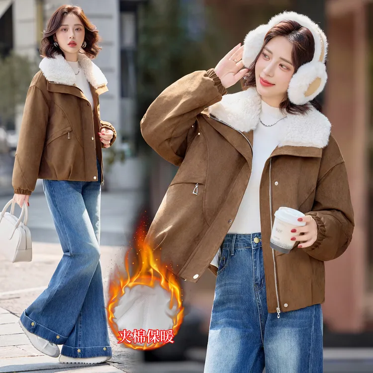 韩系翻领皮毛一体休闲外套2025年秋冬新款小个子百搭加厚机车棉服