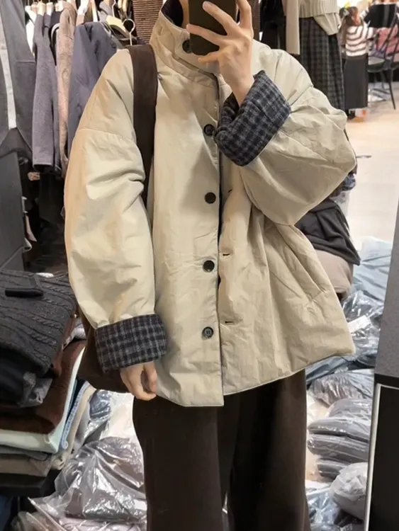 韩系双面穿复古格子立领夹棉女冬季2025新款休闲宽松百搭棉衣外套