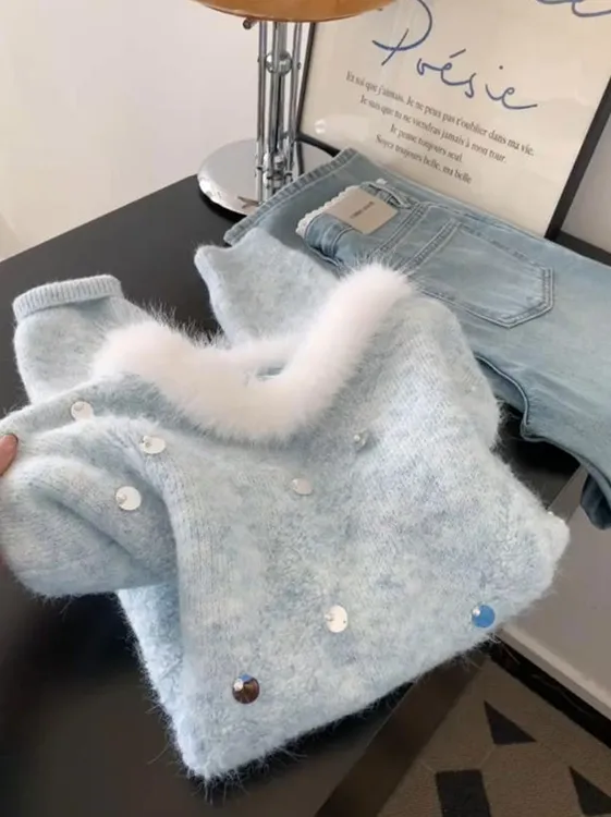 超好看毛绒亮片拼接套头针织衫女冬季2026新款设计感温柔减龄毛衣