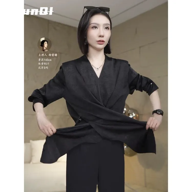 淳启新款简约气质交叉钮扣纯色衬衫女洋派通勤百搭上衣衬衫百搭潮