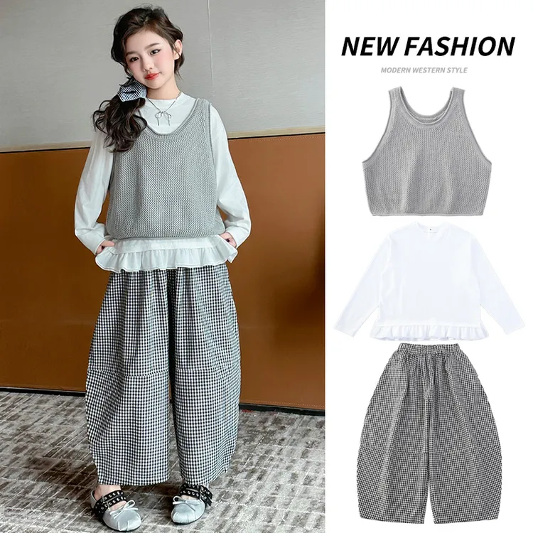 女童春季套装2025新款儿童春装洋气时髦日系大童马甲三件套春秋款