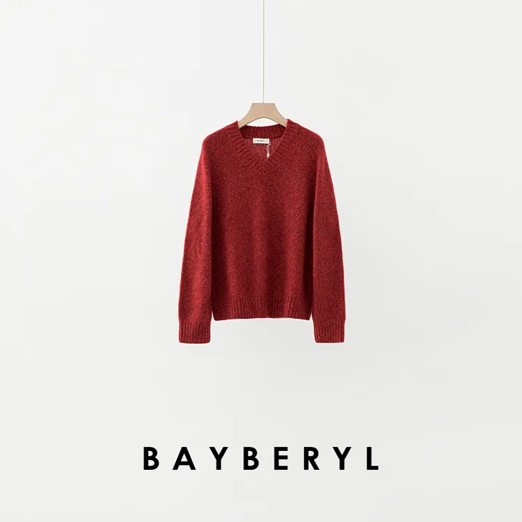 BAYBERYL老贝莓酥*花纱V领马鞍丝羊绒25秋针织衫ZZS5I2641-10/12