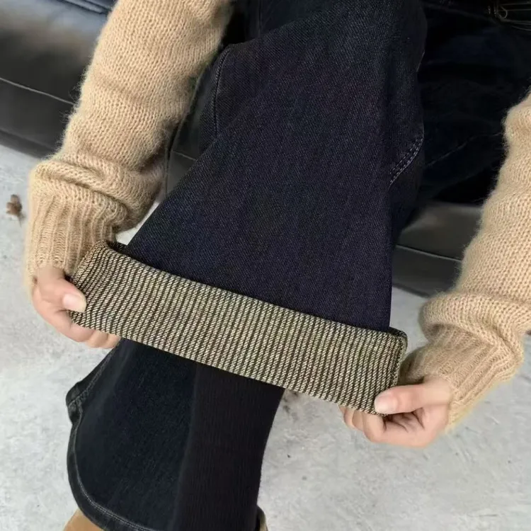 早秋新款窄版设计感显瘦丹宁蓝条纹翻边直筒阔腿牛仔裤女