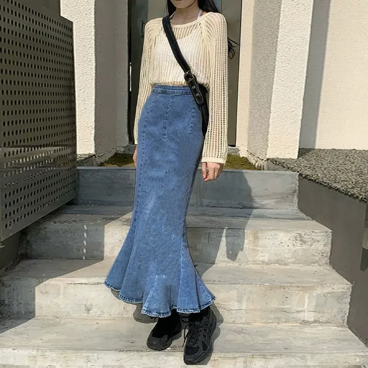 270#弹力牛仔荷叶边半身裙女春秋新款高腰包臀鱼尾裙显瘦中长裙