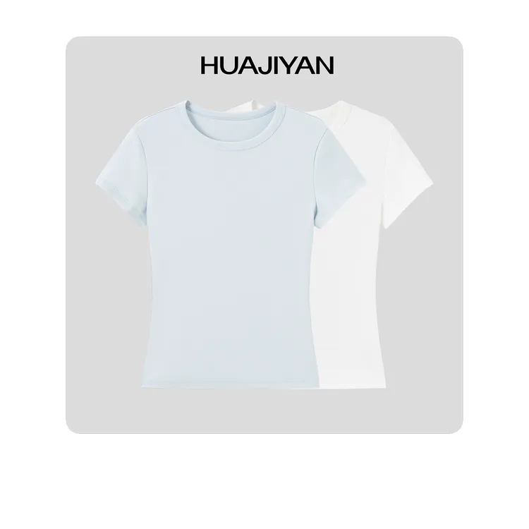 华吉言/HUAJIYAN【直角肩】棉混纺罗纹领口圆领正肩修身短T恤