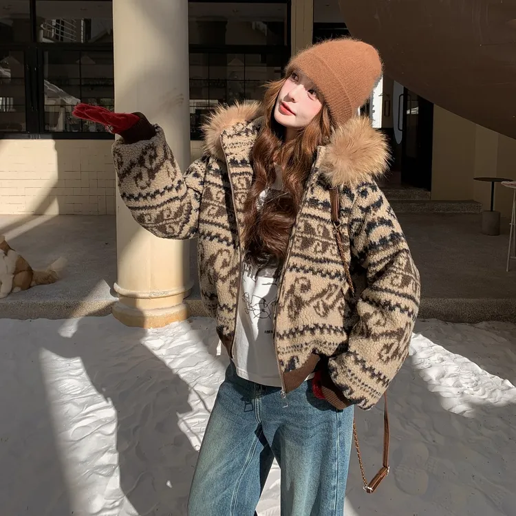 拉夏贝尔费尔岛印花可拆卸毛领毛绒外套女冬季加厚保暖连帽派克服