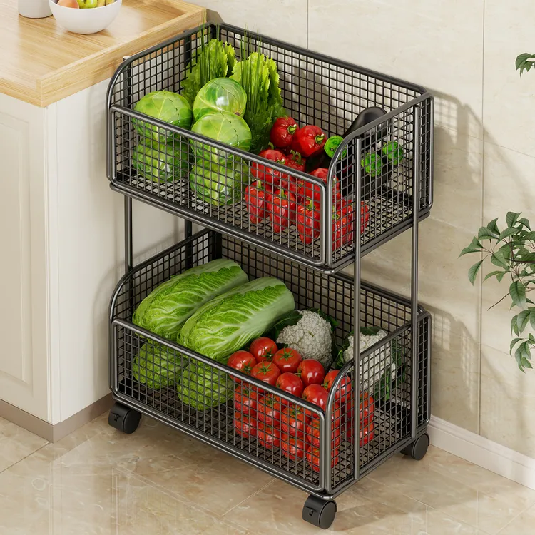厨房蔬菜置物架落地多功能放菜篮子家用多层放菜筐新款移动小推车