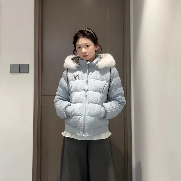 国潮美式复古小标刺绣冬日雪花设计感时尚大毛领棉服外套保暖上衣