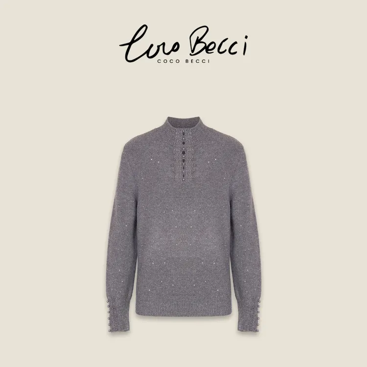 COCO BECCI【静谧时光】绵羊毛钉珠盘扣蕾丝刺绣针织衫CFLJD331389