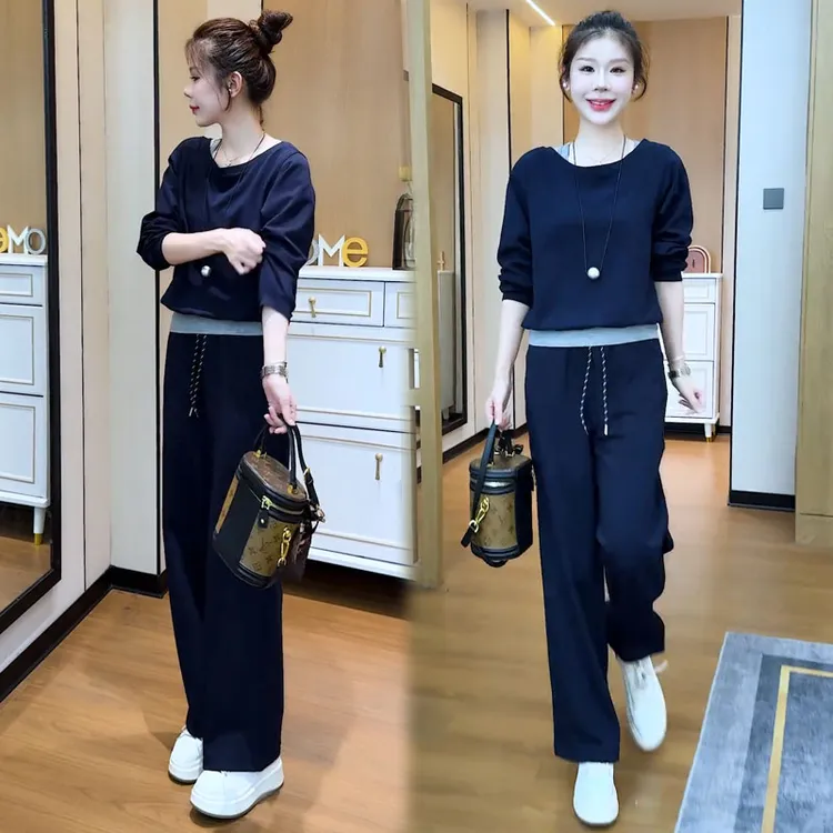 时尚休闲套装女秋季圆领假两件上衣高腰阔腿裤小个子修身洋气穿搭