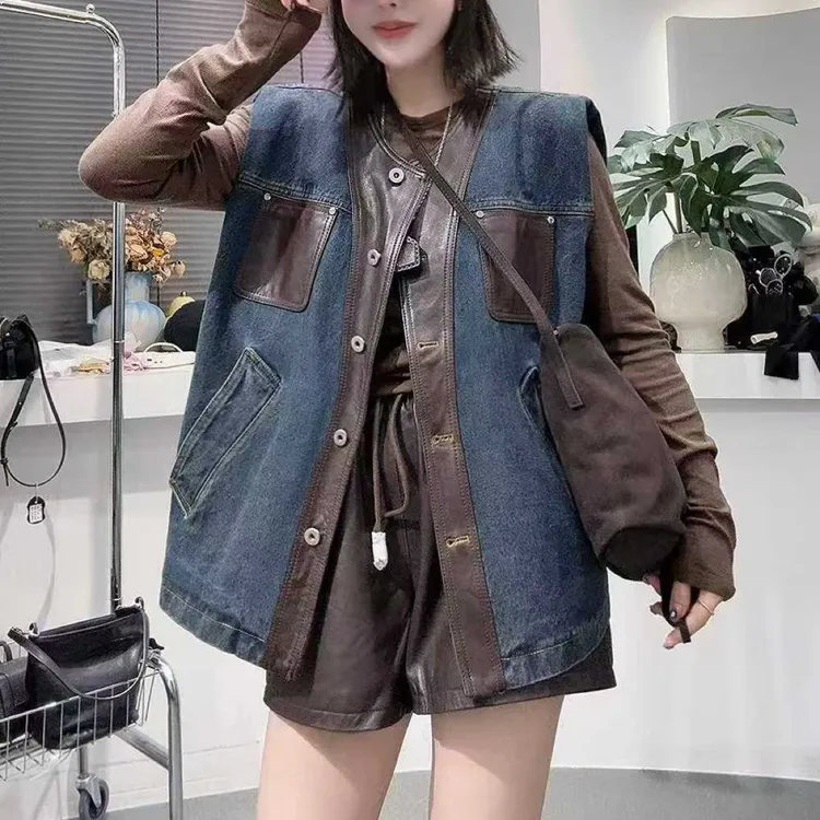 真皮马夹休闲女绵羊皮时尚上衣薄款短款女装圆领吊带马甲牛仔网红