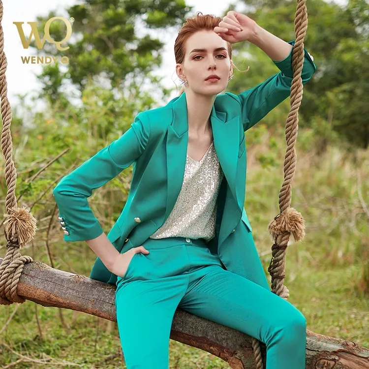 C9330高端时尚职业套装女秋总裁西装两件套洋气绿色西服气质ol正S