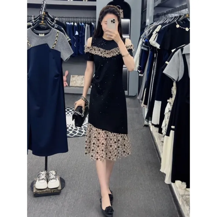 哥弟阿玛施正品法式提花镂空露肩短袖连衣裙女2025夏季新款设计感